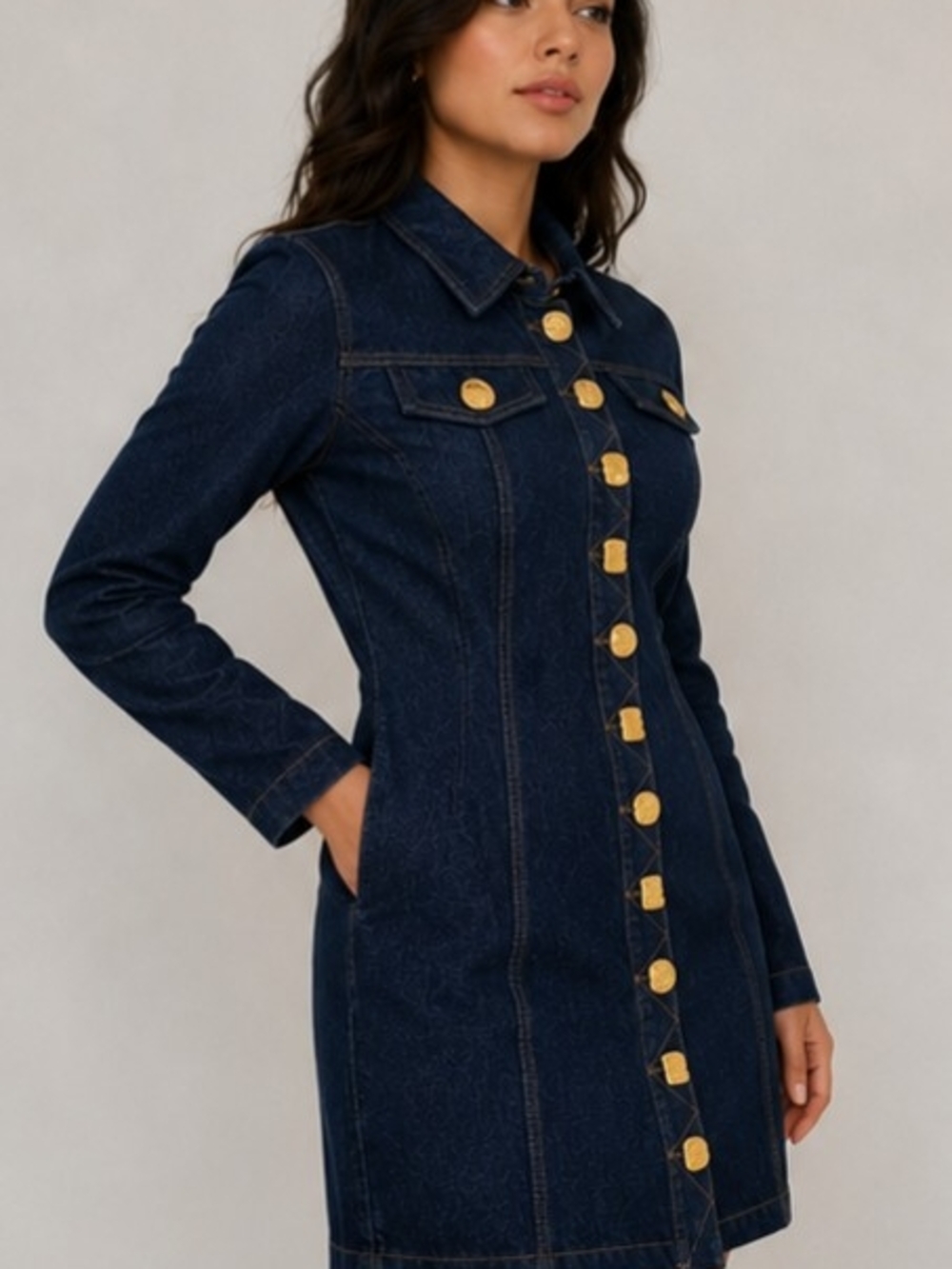 Meshki Dark Blue Denim Button-Front Dress with Gold Buttons